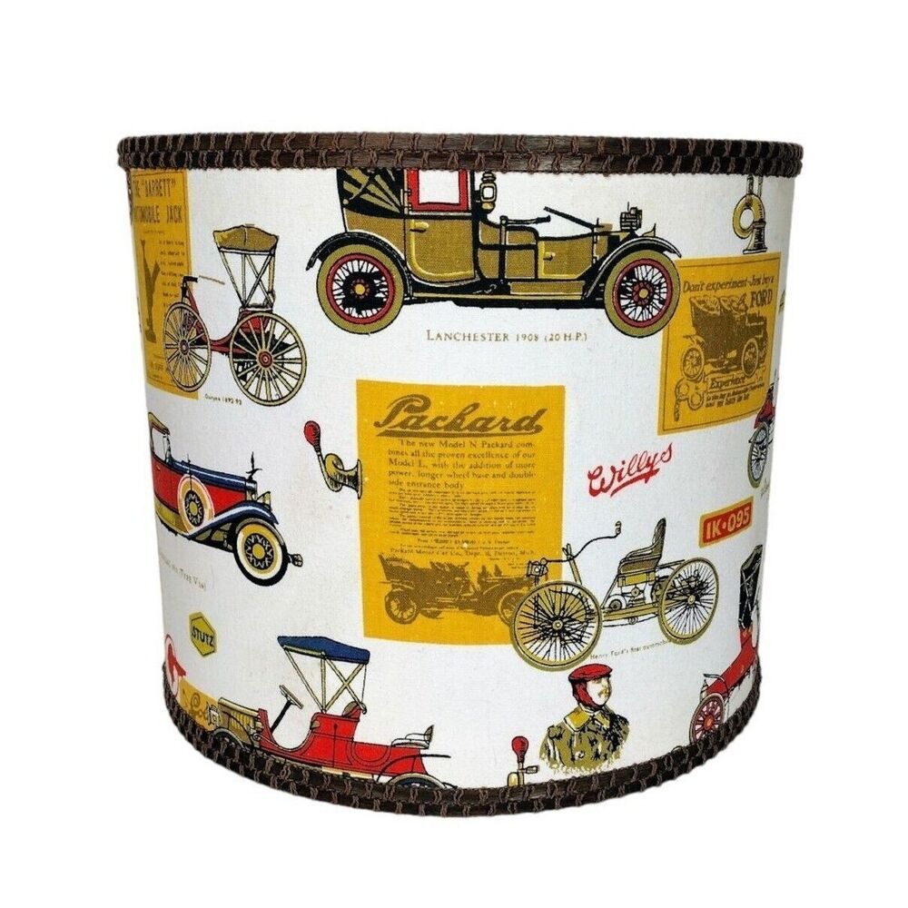 VTG MCM Pontiac Packard Stutz Ford Cars Stanley Steamer Fabric Drum Lampshade